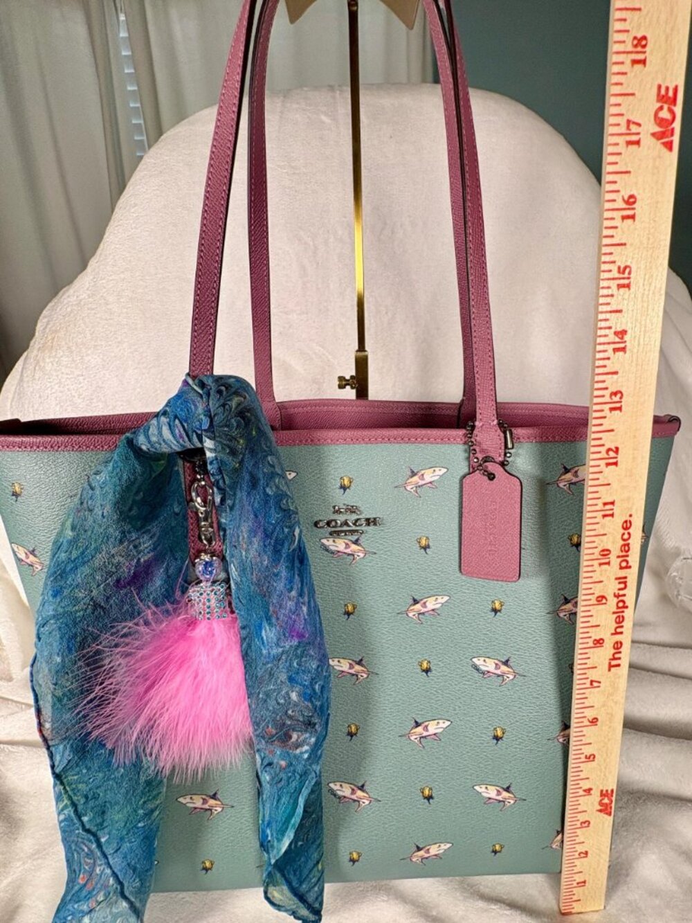 Coach Reversible City Tote with Shark Print, Scarf and Charm - Picture 10 of 12